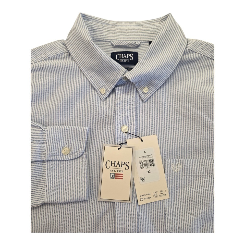 NWT Chaps Long Sleeve Oxford Shirt Mens L Blue White Stripes